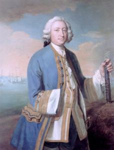 Portrait Of Captain David Brodie In A Blue Coat, Holding A Telescope, Shipping Beyond by Philip Mercier