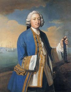 Portrait Of Captain David Brodie Wearing A Blue And Gold Thread Edged Coat, Holding A Telescope, Shipping Beyond