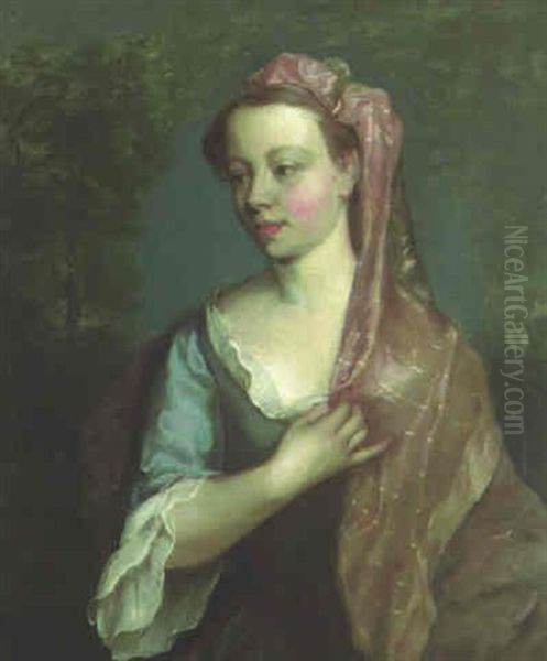 Portrait Of A Lady In A Blue Dress With A Lilac Headscarf - view 1