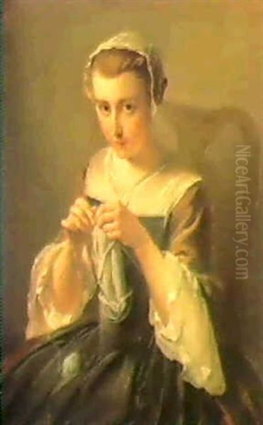 A Portrait Of A Young Girl Knitting - view 1