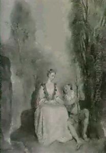 A Couple Seated In A Landscape Before A Waterfall