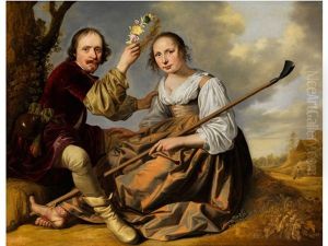 Doppelbildnis Eines Paares Gekleidet Als Schafer Und Schaferin In Landschaft by Jacob Frans van der Merck