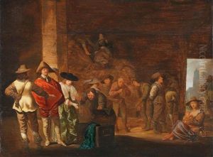 Figures In An Interior With Soldiers Plundering by Jacob Frans van der Merck