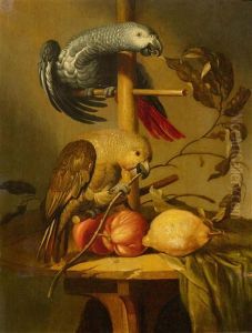 A Still Life With Parrots And Fruit by Jacob Frans van der Merck