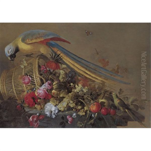 Still Life With An Overturned Basket On A Partly Draped Table, With Grapes, Plums, Oranges, Various Flowers, A Parrot And A Parakeet - view 1