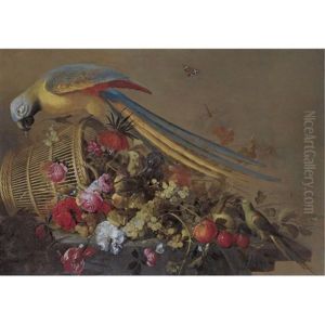 Still Life With An Overturned Basket On A Partly Draped Table, With Grapes, Plums, Oranges, Various Flowers, A Parrot And A Parakeet