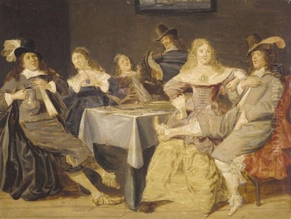 An Elegant Company In An Interior Drinking, Smoking And Merrymaking - view 1