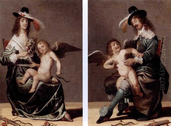 Portrait Of A Lady Wearing A Feathered Hat And A Green Silk Jacket, With A Putto  On Her Knee (+ Portrait Of A Gentleman Wearing A Feathered Hat And A Blue Silk Jacket, Sgd; Pair) - view 1