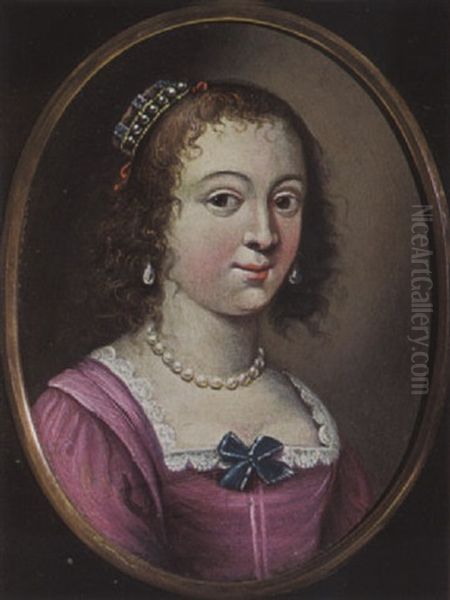 A Portrait Of A Lady Wearing A Pink Dress With Pearl Jewellery And Bonnet - view 1