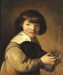 Portrait Of A Young Boy In A Green Smock, Holding A Bird's Nest