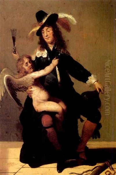 A Gentleman Drinking With Cupid - view 1