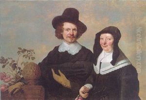 Portrait Of A Couple Wearing Black, His Right Hand Resting On A Balustrade With Roses Behind, Her Right Hand Holding A Rose