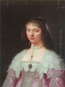 Portrait Of A Lady, In A Crimson Silk Embroidered Dress With Lace Trimmings And A Pearl Necklace