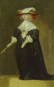 Portrait Of A Lady, Small Full-length, In A Black Dress And A Feathered Hat, Holding A Fan