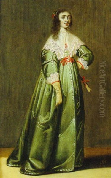 Portrait Of A Lady, In A Green Dress With Red Ribbons And A Lace Collar - view 1
