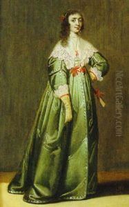 Portrait Of A Lady, In A Green Dress With Red Ribbons And A Lace Collar