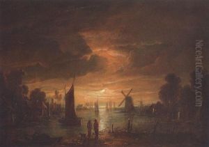 Eine Nachtliche Landschaft Mit Einem Dorf An Einem Wasserlauf