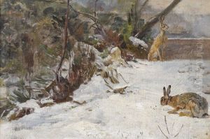 Winterliche Gartenpartie Mit Hasen by Edouard Paul Merite