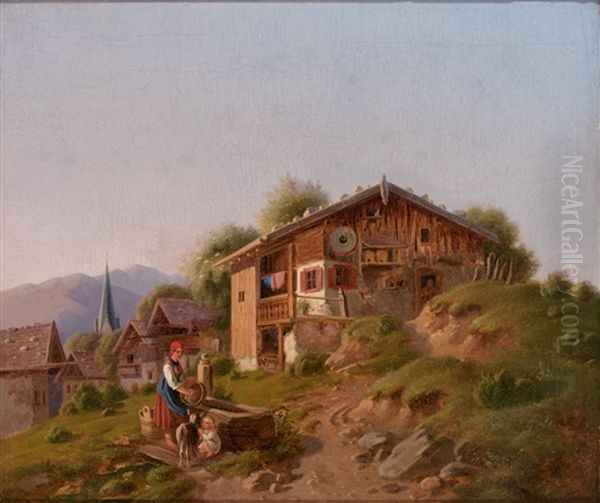Blick Auf Malerisches Oberbayerisches Gehoft. Mutter Mit Kind Am Brunnen - view 1