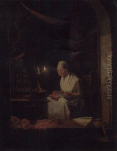 A Lady In An Interior Making Lace By The Light Of An Oil Lamp by Gerrit Arnoldus van Merkesteijn