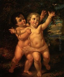 Zwei Amoretten Haschen Nach Einem Schmetterling by Hugues Merle