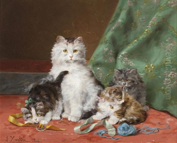 Cat And Her Kittens Playing With Ribbons - view 1