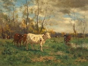 Teichlandschaft Mit Kuhherde by Emile Justin Merlot
