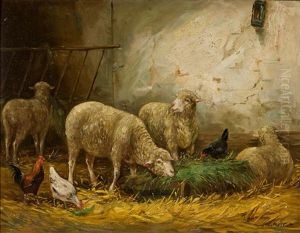 Stall Mit Schafen Und Huhnern by Emile Justin Merlot
