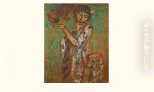 Femme Au Singe Et Au Perroquet by Alexis Merodack-Jeaneau