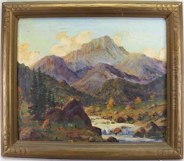 Painting Of A Western American River Landscape With Mountains In The Background - view 1