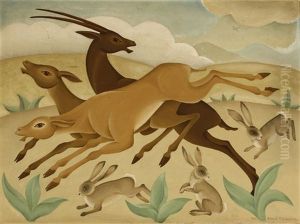 Stylized Desert Landscape With Springbok And Rabbits by Knud Merrild