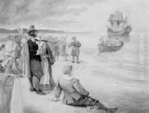 Pilgrims Waving Goodbye To Men In Launch by Frank Thayer Merrill