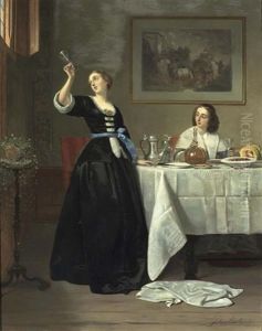 Le Dejeuner: Interieur Mit Zwei Eleganten Damen Um Einen Gedeckten Tisch by Johann Cornelius Mertz