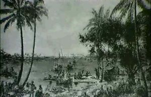 Afrikanische Uferlanschaft Mit Reicher Figurlicher Staffage