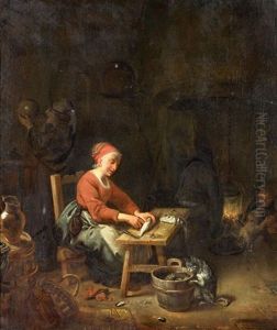 Hollandische Interieur Mit Einer Familie Beim Zubereiten Der Fische