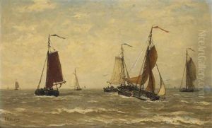 Barques Au Large: Bomschuiten In The Breakers by Hendrik Willem Mesdag