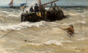 Fishing Boats In The Surf by Hendrik Willem Mesdag