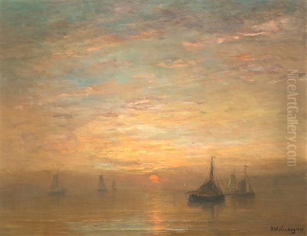Bomschuiten Op Kalme Zee Bij Zonsondergang - view 1