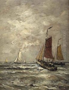 Bomschuiten In The Surf, Scheveningen by Hendrik Willem Mesdag