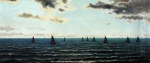 Zeegezicht Met Negen Schepen by Hendrik Willem Mesdag
