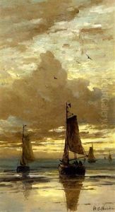 Bomschuiten In The Surf At Dusk by Hendrik Willem Mesdag