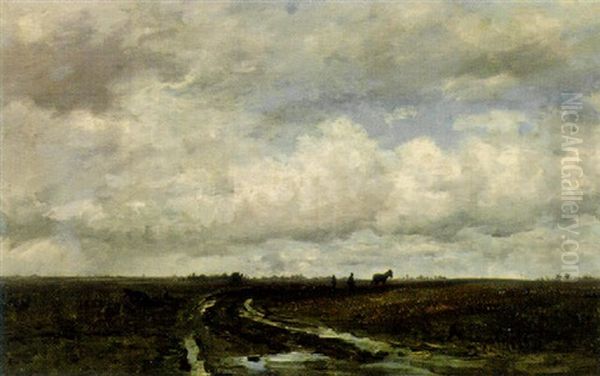 An Extensive Polderlandscape With A Farmer Ploughing - view 1