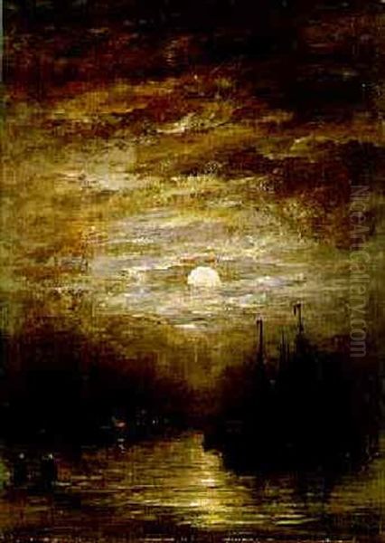 Bomschuiten In The Breakers And Fisherfolk On The Beach, At Night - view 1