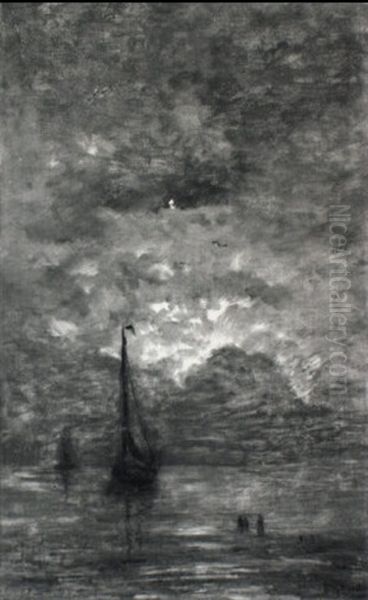 Boats In A Calm, Figures In The Foreground, At Sunset - view 1