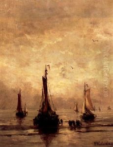Fishingsmacks On The Beach At Sunset by Hendrik Willem Mesdag