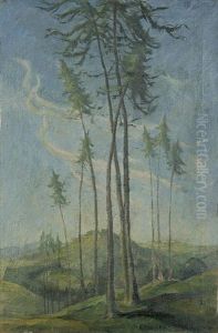 Larchen - Baume In Weiter Hugeliger Landschaft by Felix Meseck