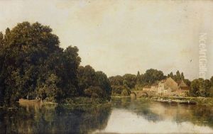 Paysage De Riviere Aux Pecheurs, Peniches Et Vue De Village by Claude Francois Auguste Mesgrigny