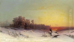 Abendrot Uber Weiter Russischer Winterlandschaft Mit Einem Raben