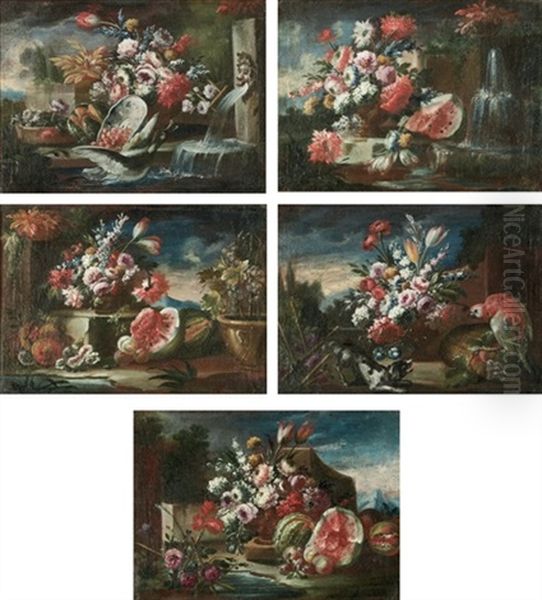 A Dog Growling At A Parrot Perched On A Basket (+ 4 Others; 5 Works) - view 1