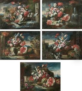 A Dog Growling At A Parrot Perched On A Basket (+ 4 Others; 5 Works) by Guillermo Mesquida